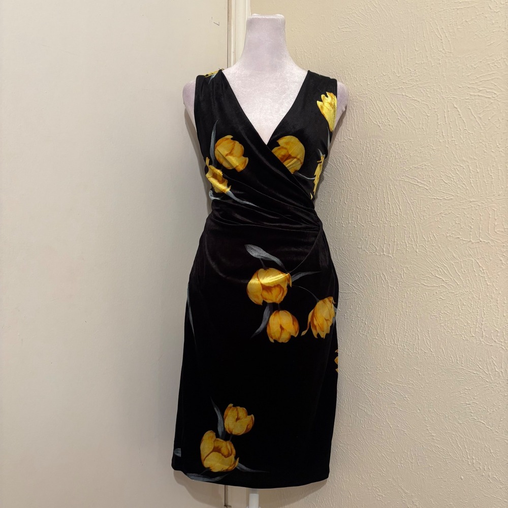 Black Velvet Yellow Tulip Floral Wrap V Neck Short Dress Romantic Casual Indie M